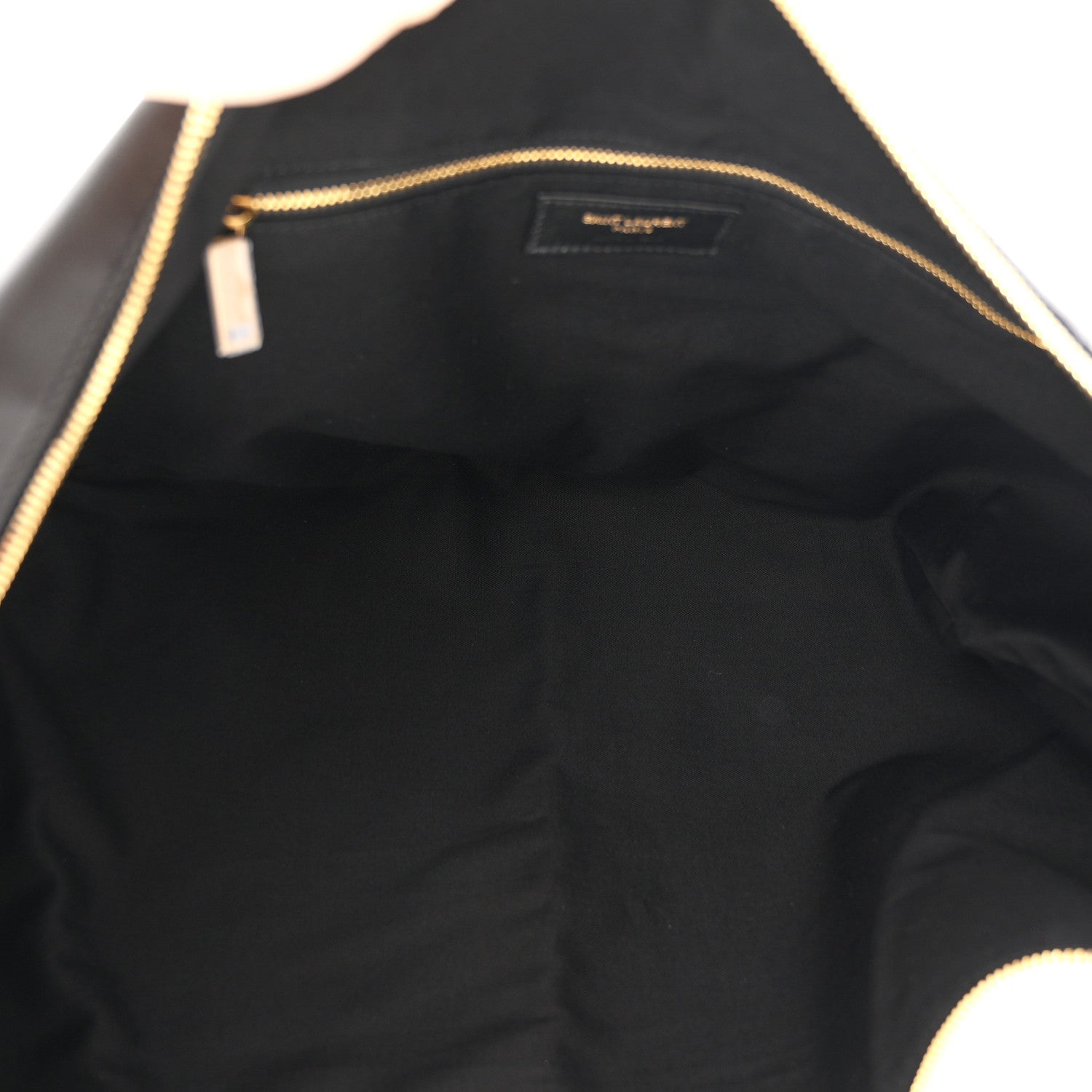 Black lambskin hobo bag interior lining with gold zipper trim and logo patch