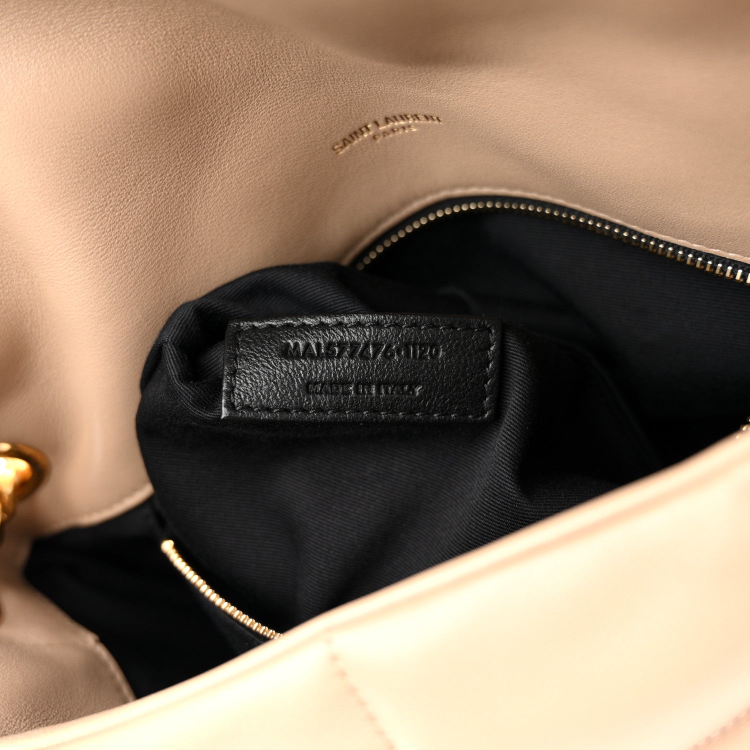 Saint Laurent interior lining with logo patch and zip pocket, gold-tone zipper trim