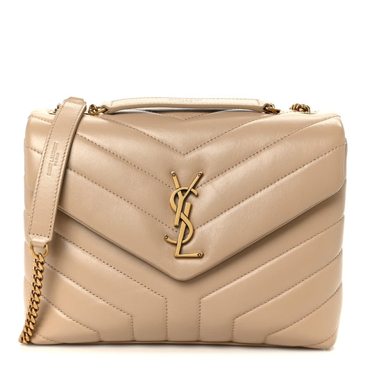 Dark beige quilted calfskin small satchel with gold YSL monogram and chain strap