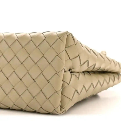 Bottega Veneta woven leather end panel with flap closure and stitched details, travertine