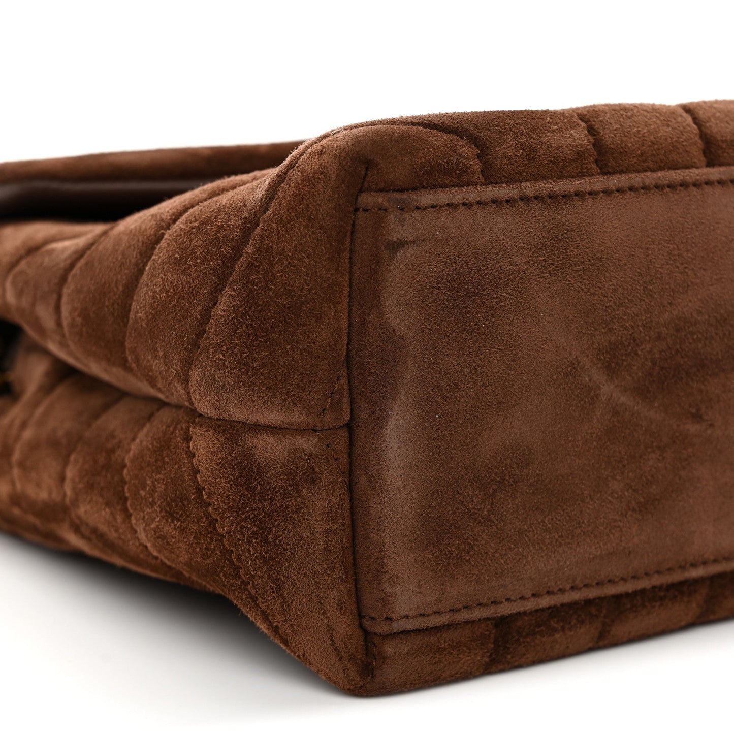 Suede satchel side with flap seam and quilted panels, dark brown
