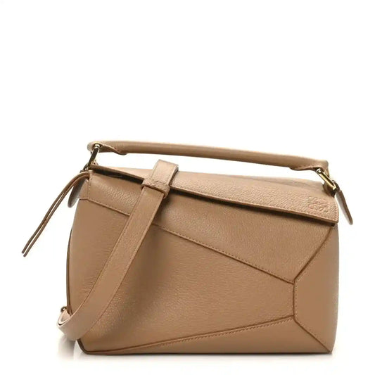 Loewe small Puzzle Edge bag in toffee grained calfskin with top handle and strap