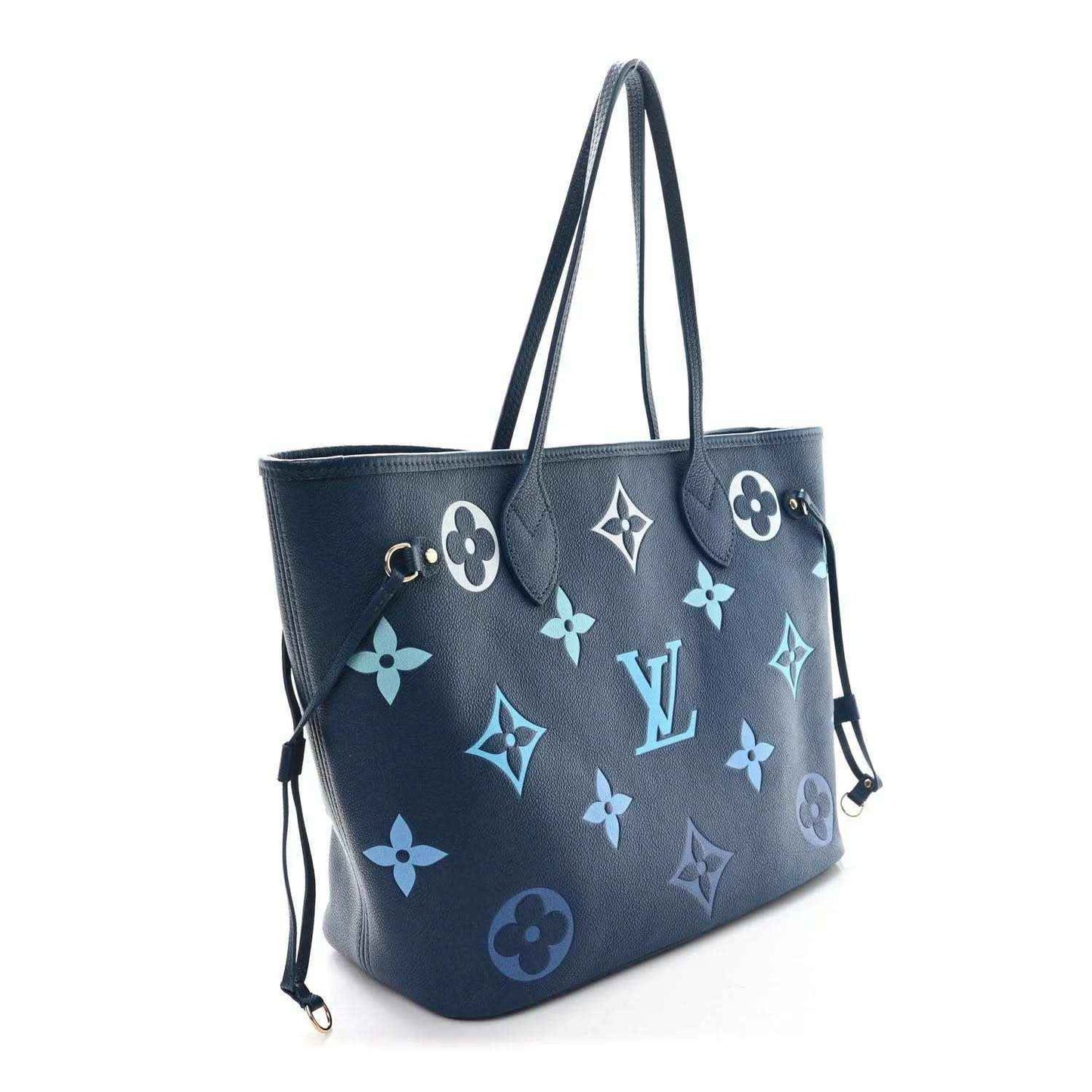 Blue monogram tote bag with two top handles and dangling drawstring details