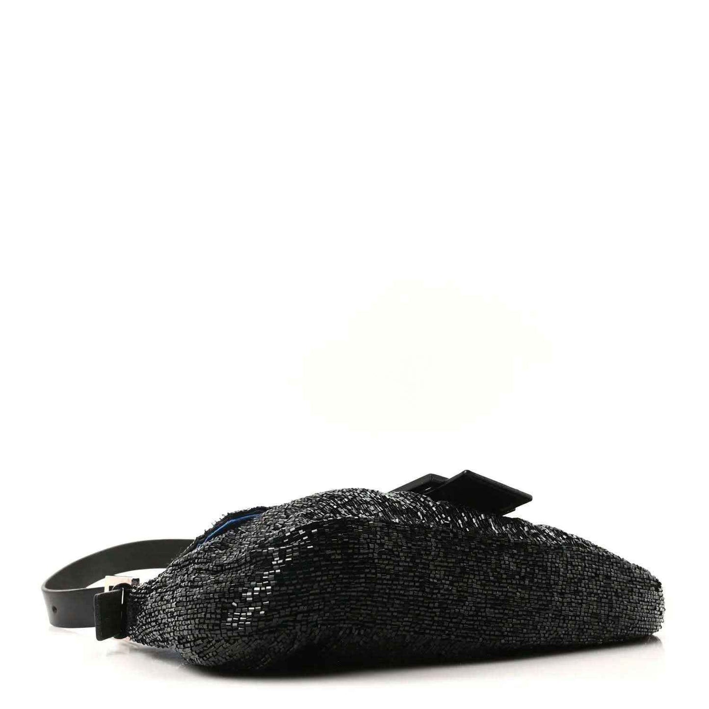 Black beaded baguette handbag with front buckle detail and detachable strap