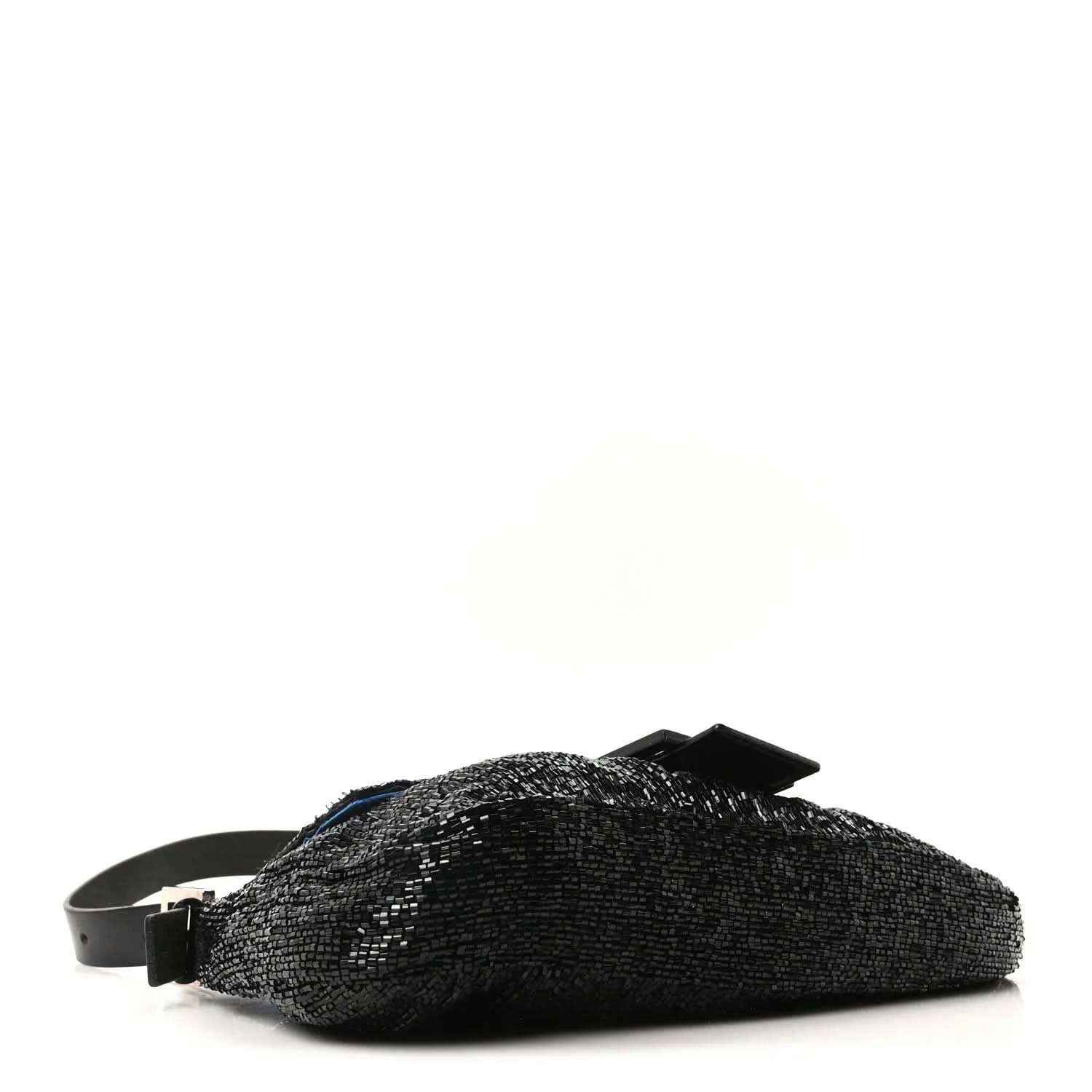 Black beaded baguette handbag with front buckle detail and detachable strap