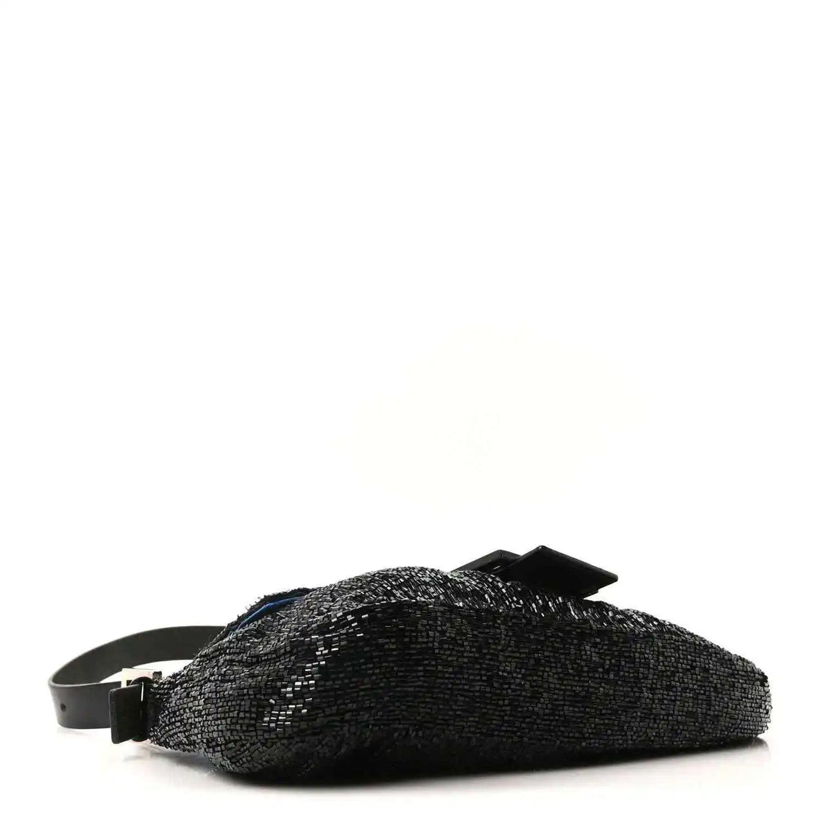 Black beaded baguette handbag with front buckle detail and detachable strap