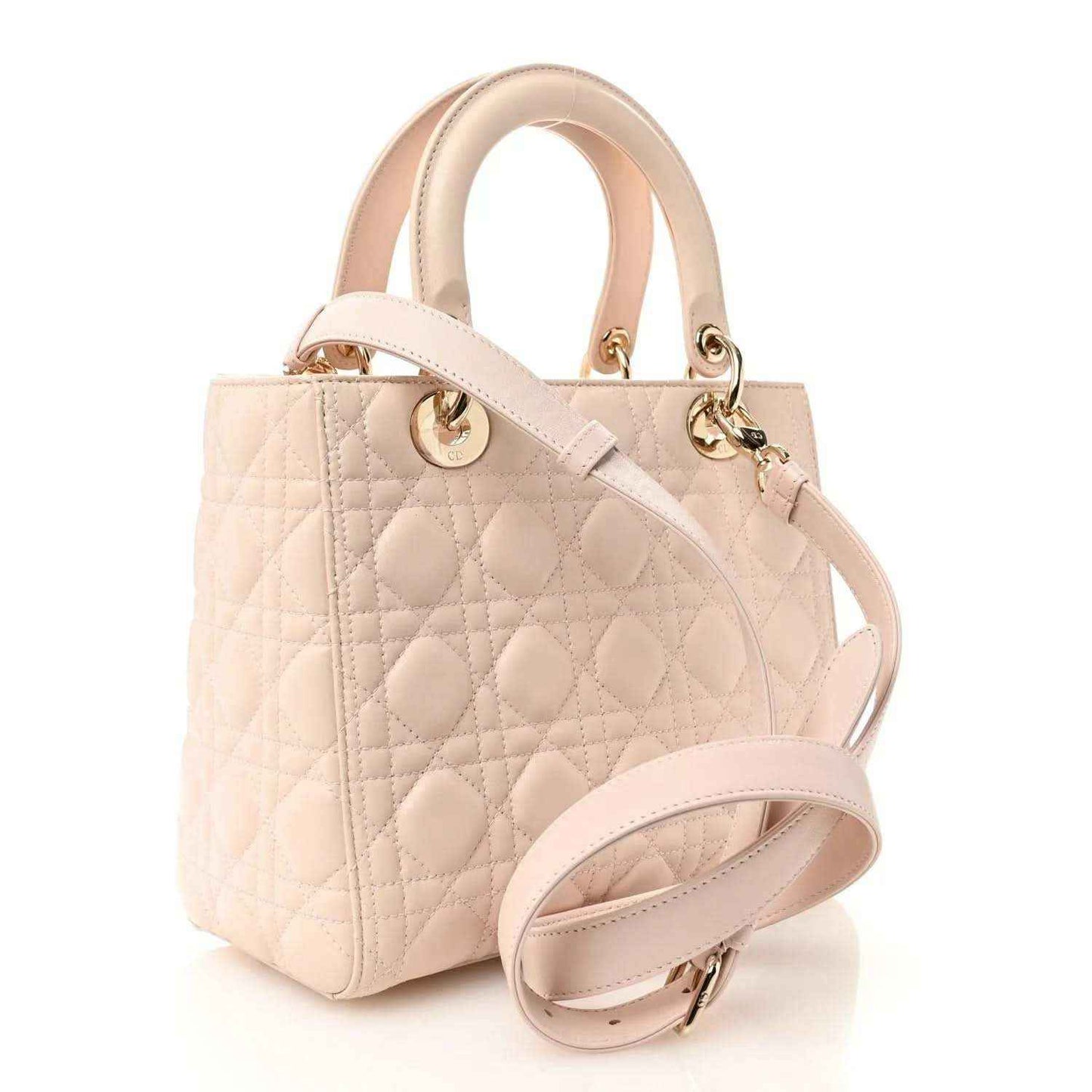 Powder pink quilted handbag with top handles, detachable strap, and gold-tone hardware.