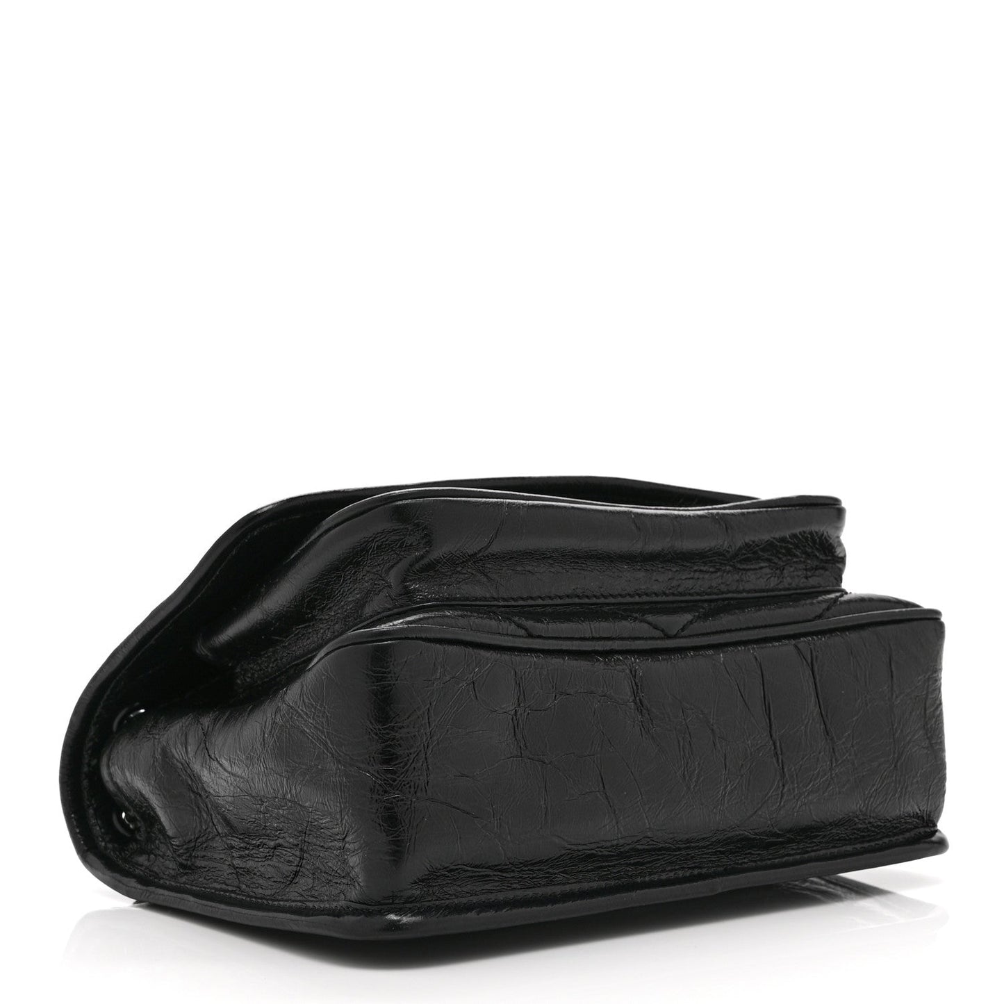Black leather satchel bag with crinkled texture and folded top flap