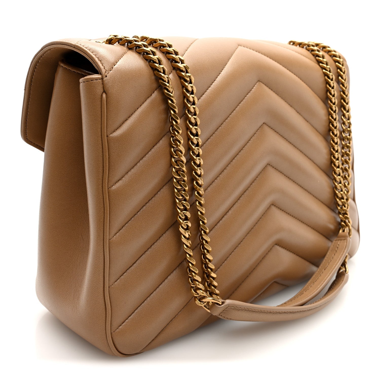 Loulou bag side view, natural tan chevron quilting, gold chain strap
