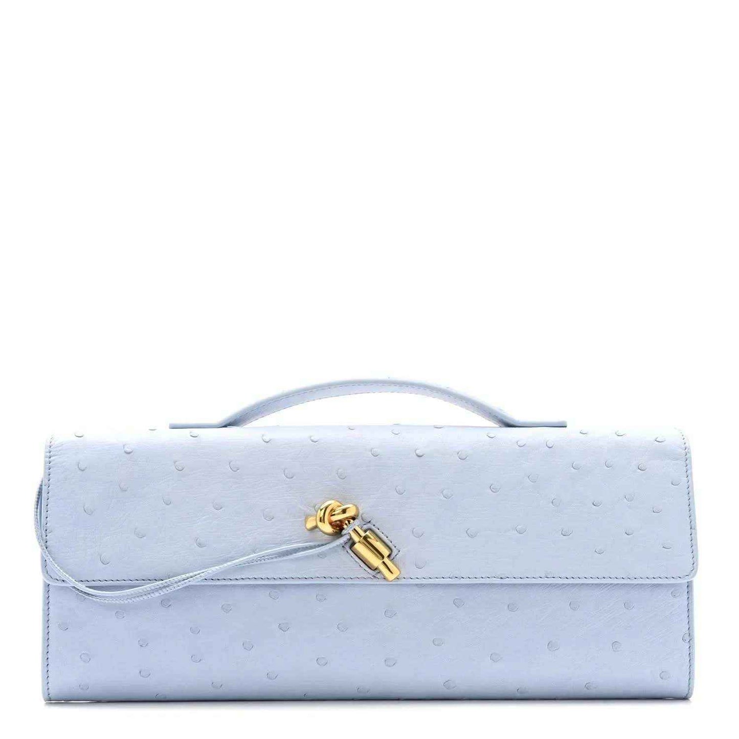 Light blue ostrich leather long Andiamo clutch bag with top handle and clasp