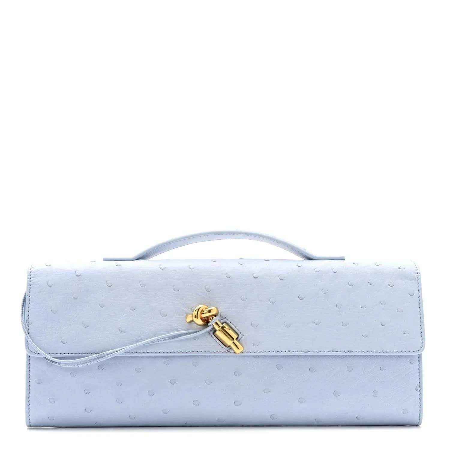 Light blue ostrich leather long Andiamo clutch bag with top handle and clasp