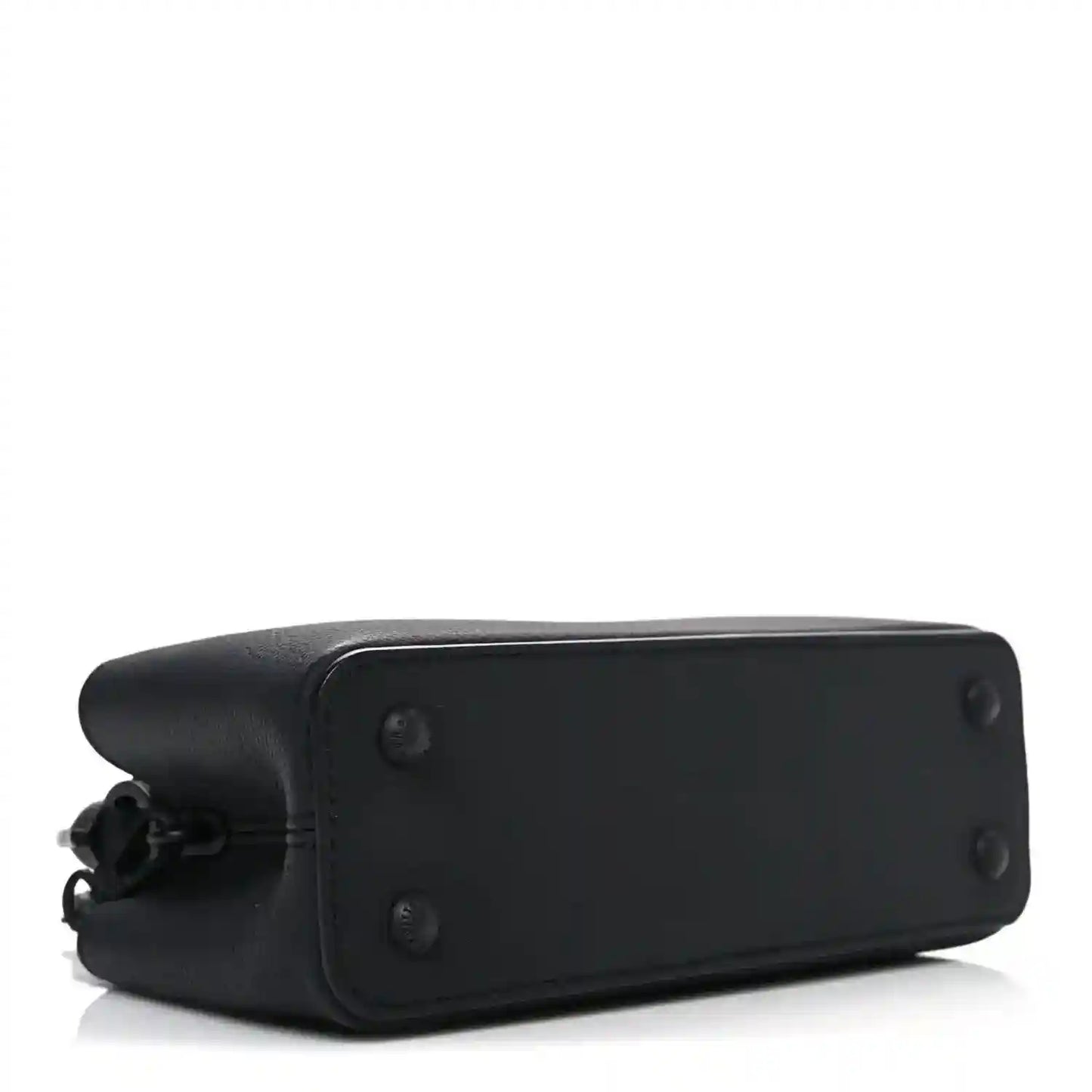 Mini black leather handbag base with corner seams and button details.