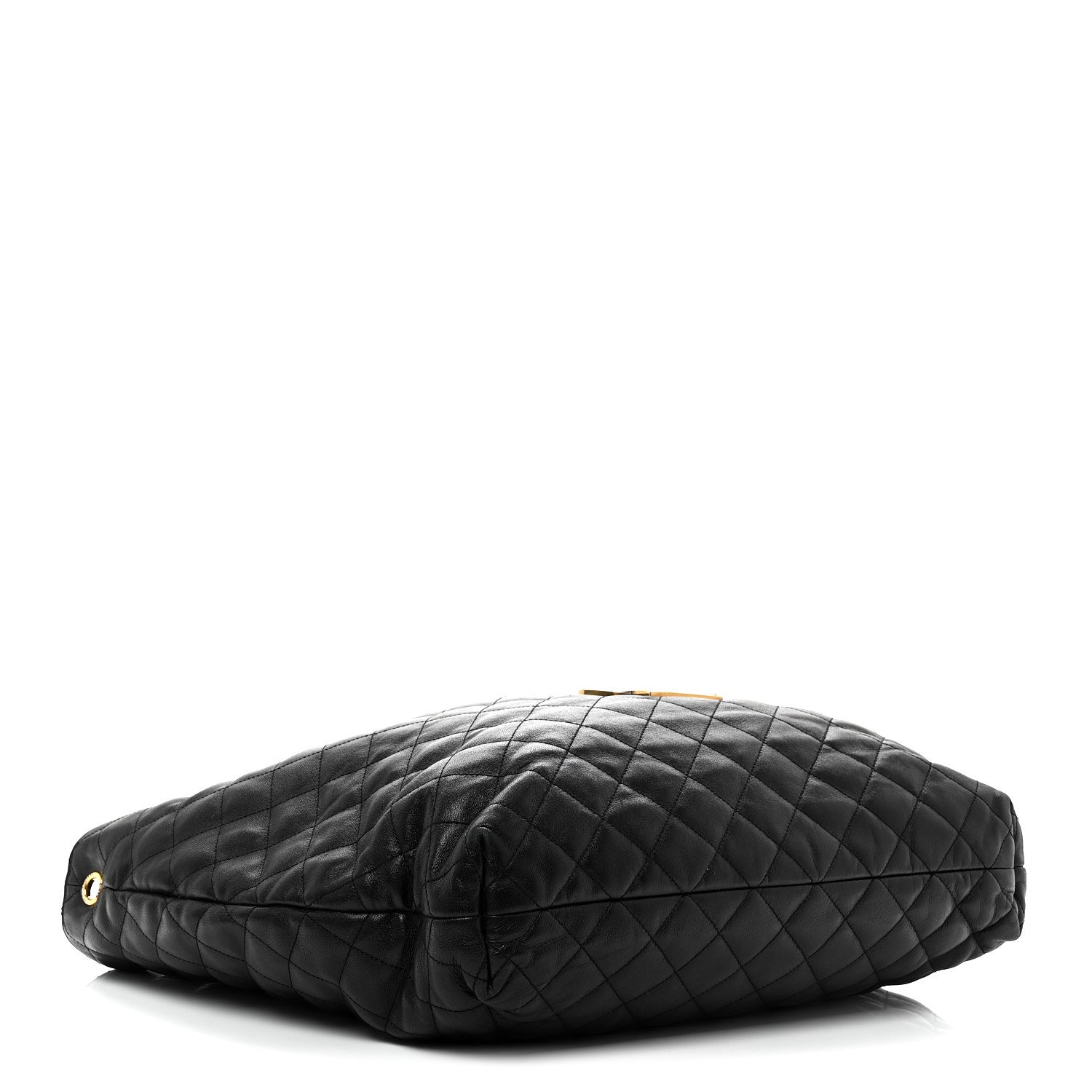 Black quilted leather pouch with gold-tone eyelet hardware and zip top