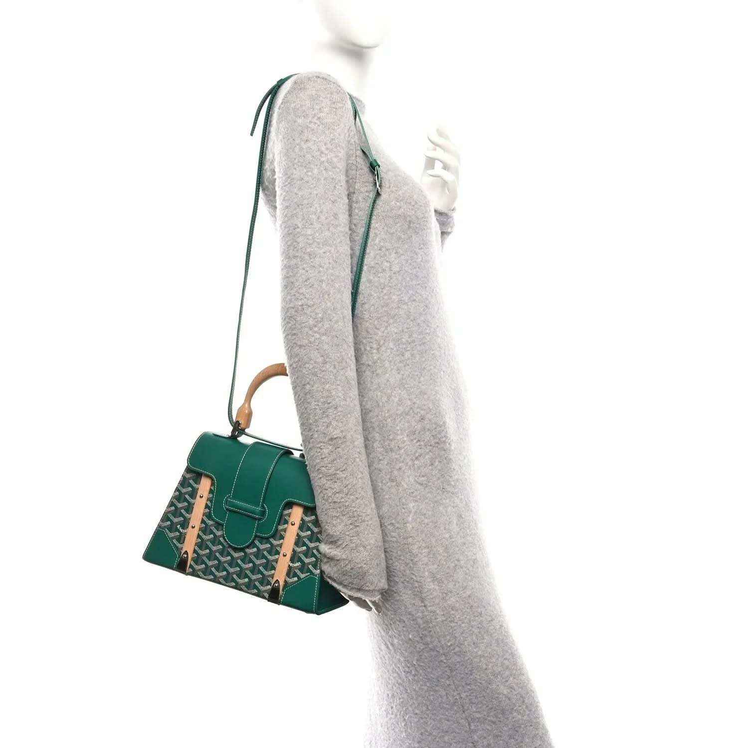 Goyard Saigon PM green canvas bag with wooden handles and adjustable shoulder strap
