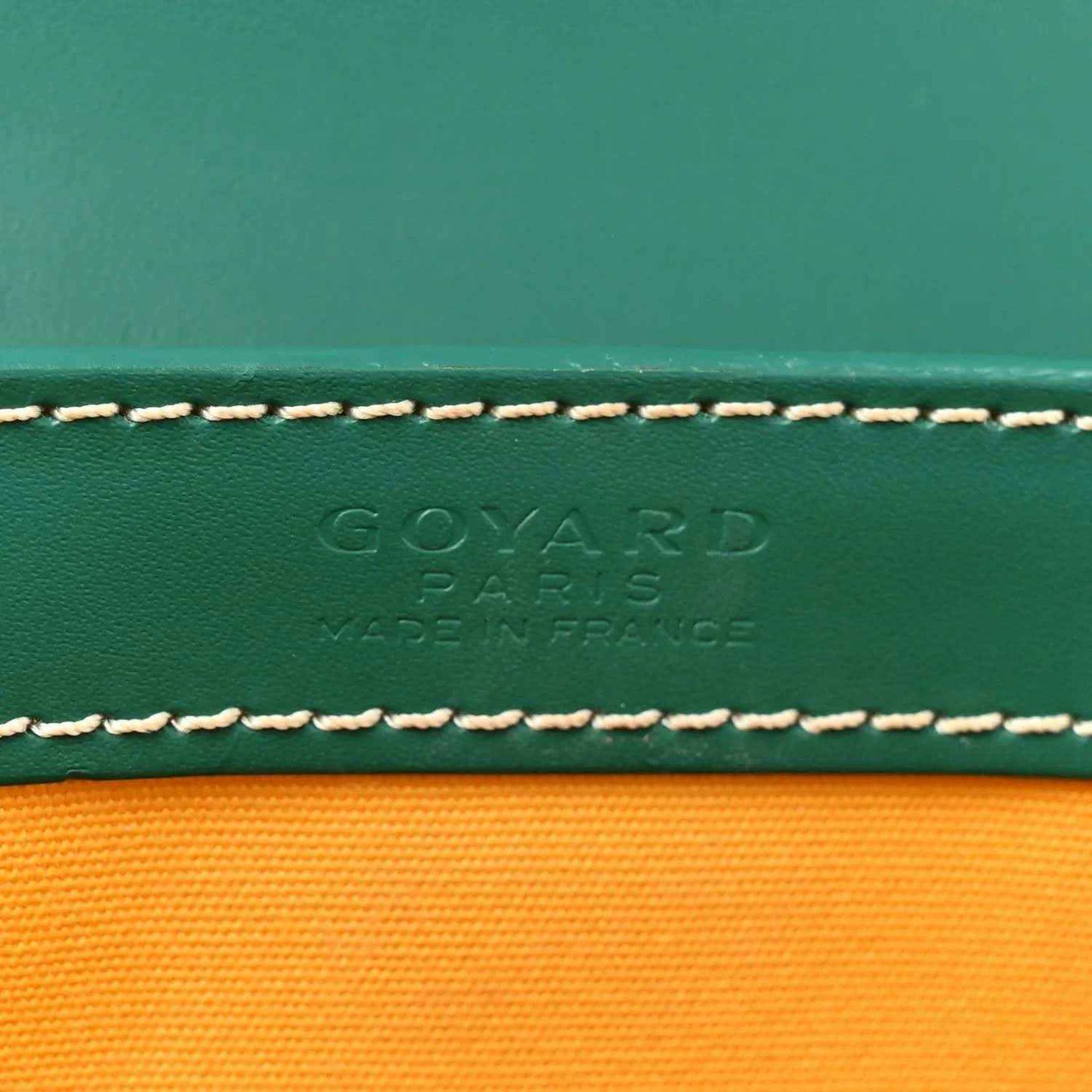 Goyard Saigon PM green leather panel with embossed Goyard Paris text and stitching