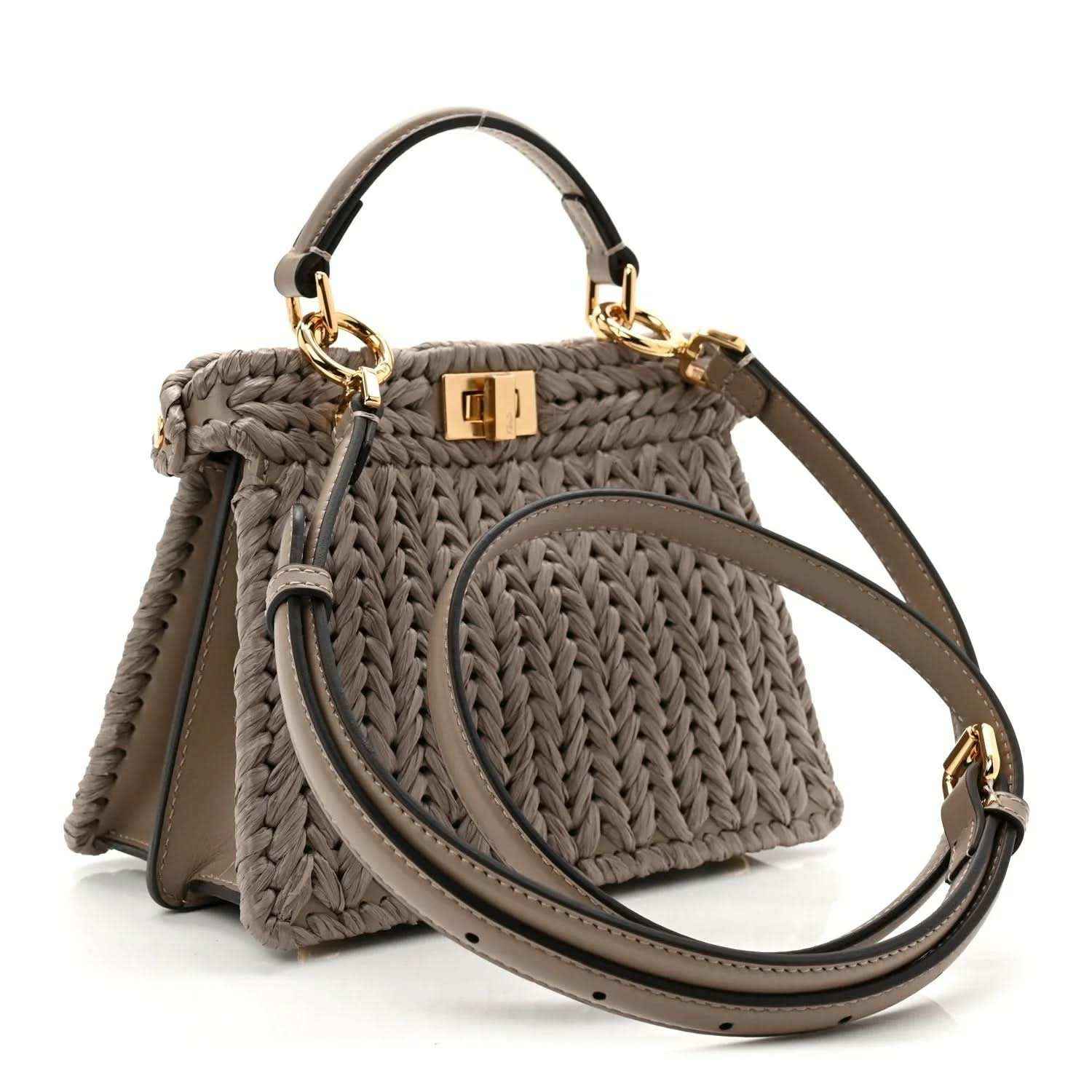 Gray woven raffia satchel with crossbody strap and gold-tone clasp