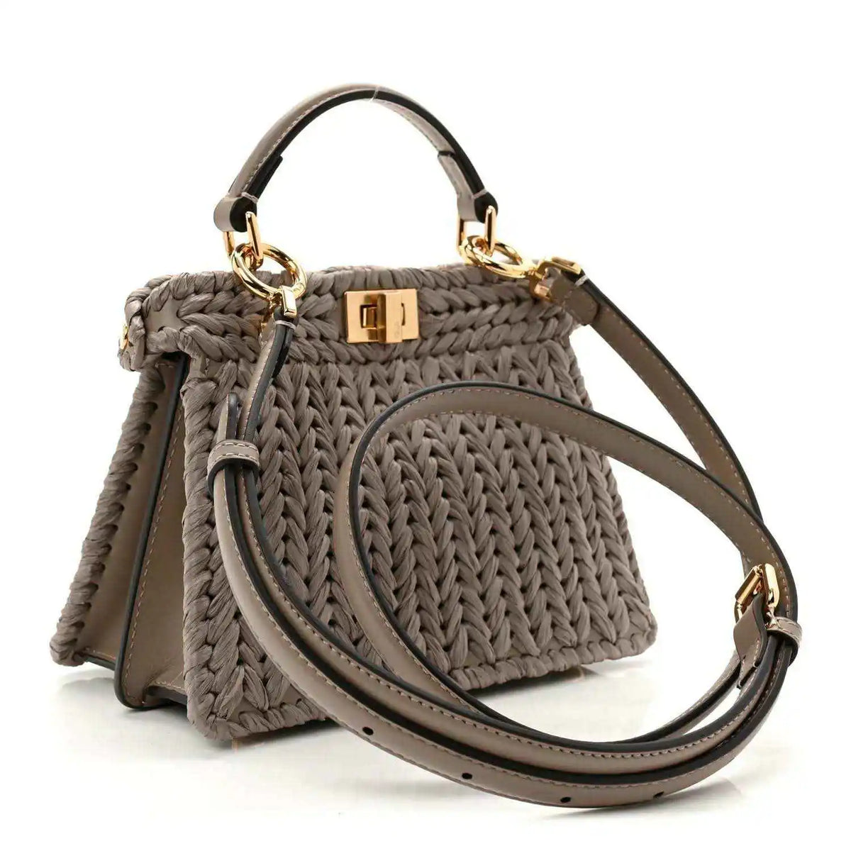 Gray woven raffia satchel with crossbody strap and gold-tone clasp