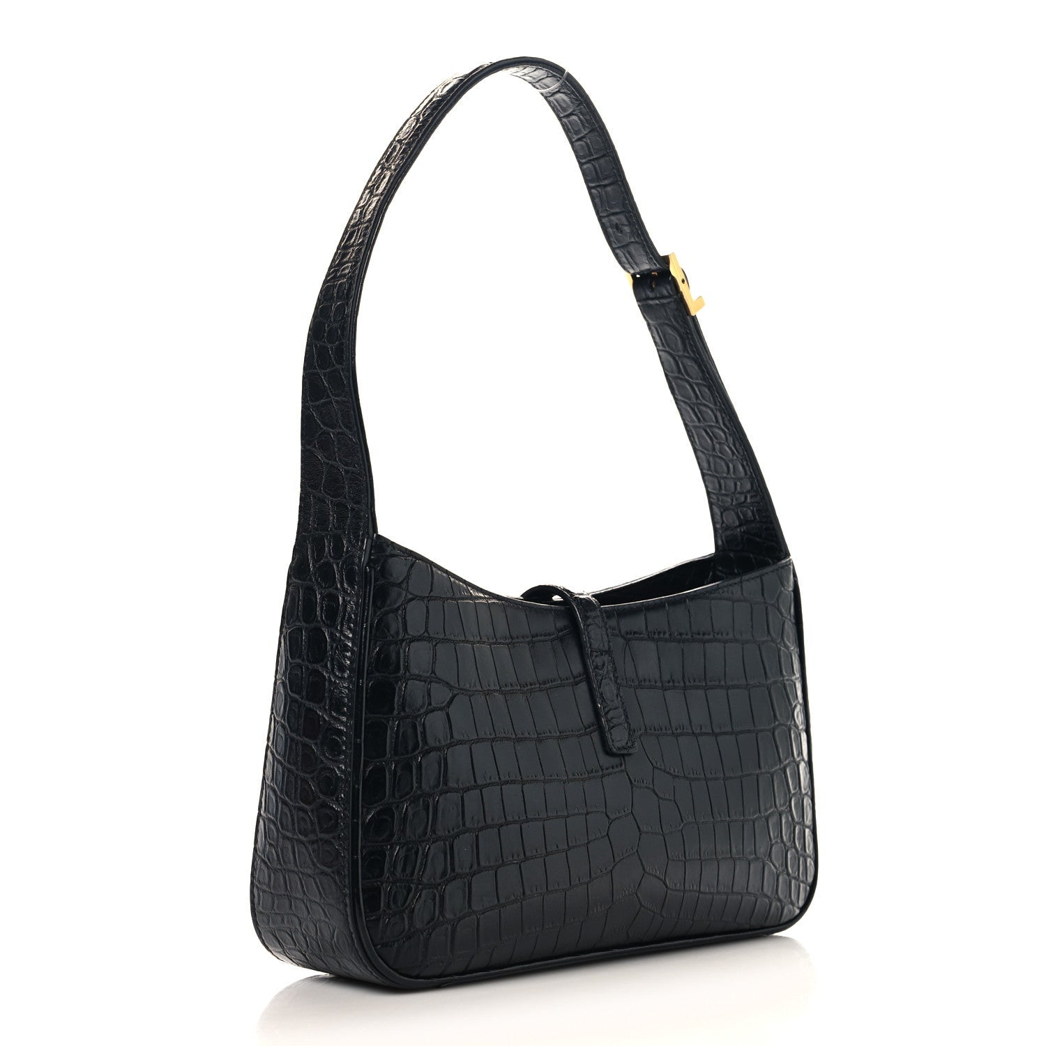 Black crocodile-embossed hobo shoulder bag with top handle and front pocket panel