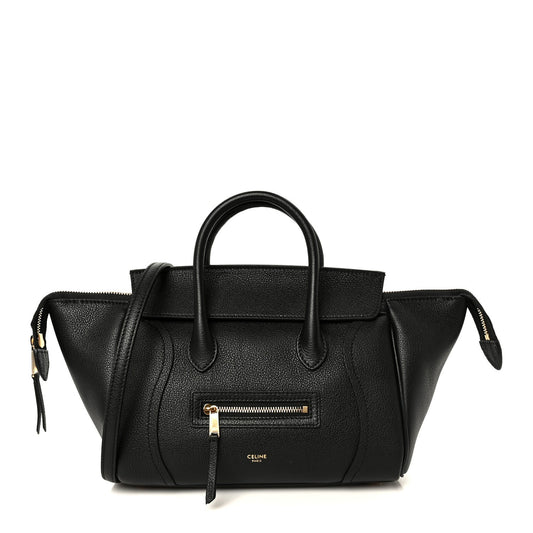 Celine grained calfskin tote bag in black, front zip pocket and top handles