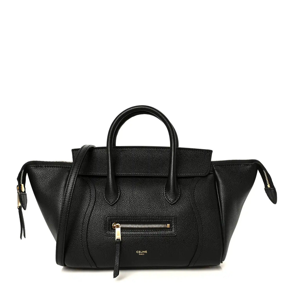 Celine grained calfskin tote bag in black, front zip pocket and top handles
