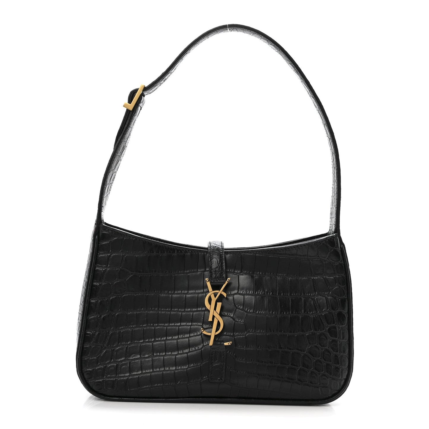 Black crocodile-embossed hobo bag with top handle and YSL clasp hardware.