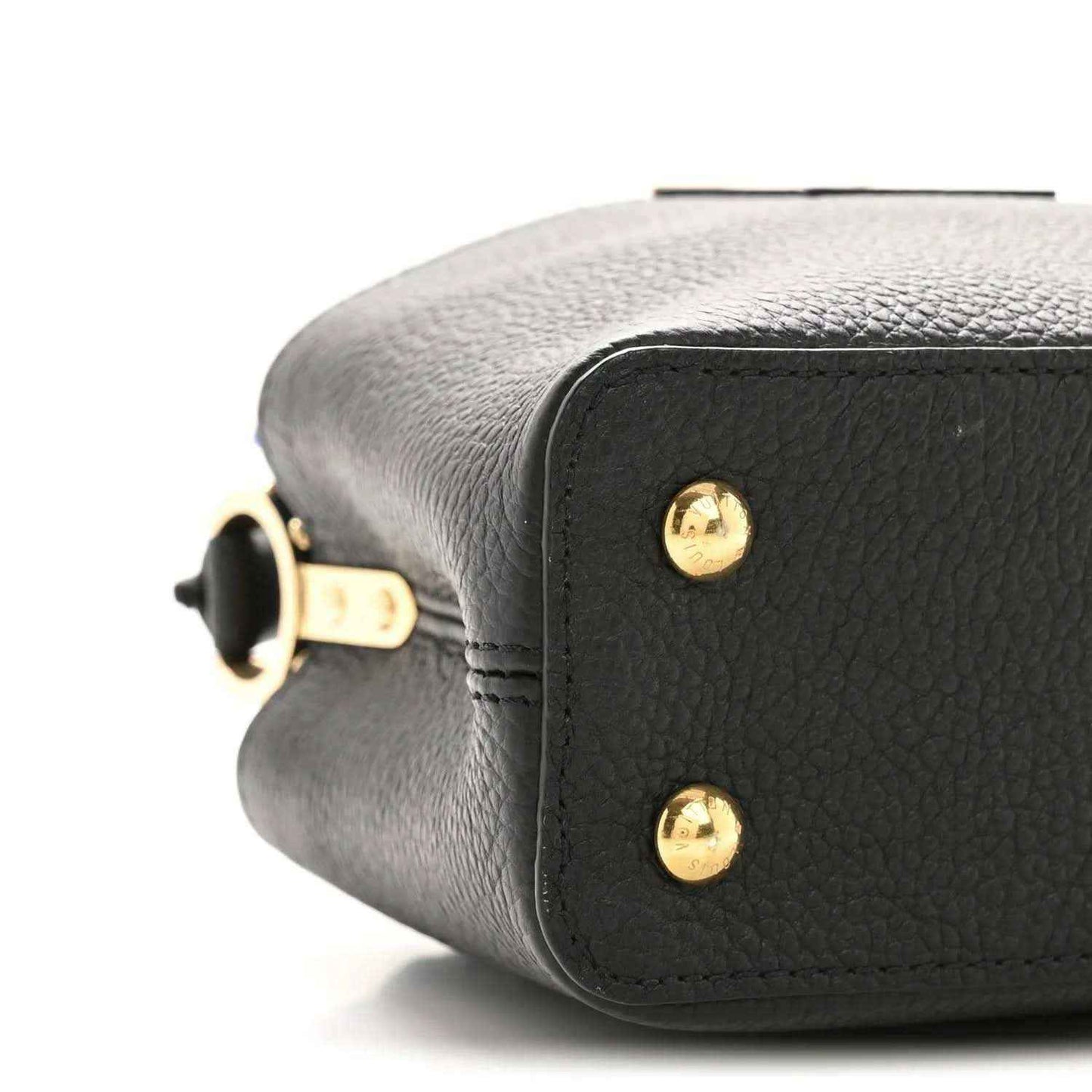 Black pebbled leather mini handbag side with gold snap and hardware