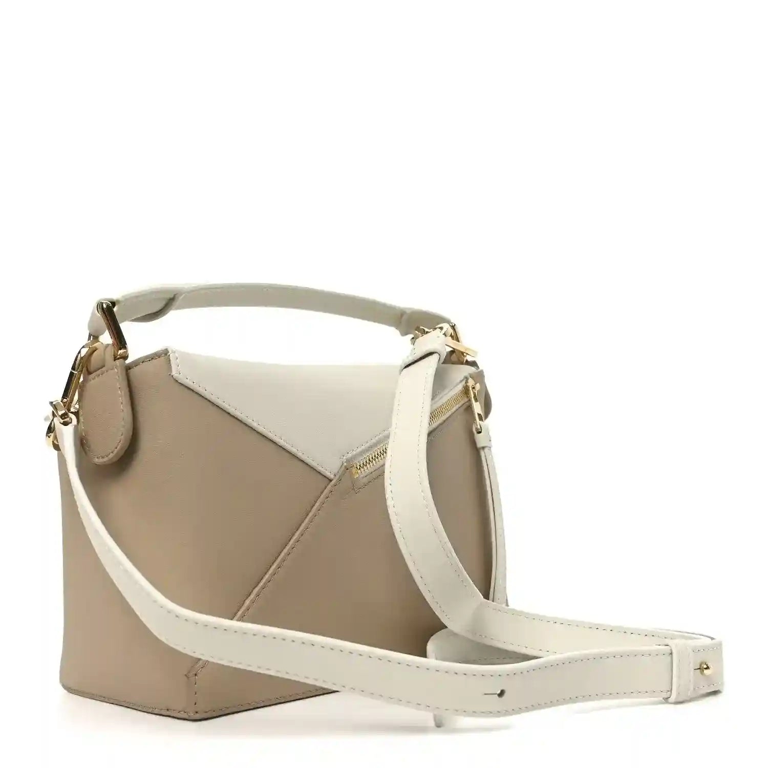 Small Puzzle edge bag, soft white and beige panels, adjustable shoulder strap