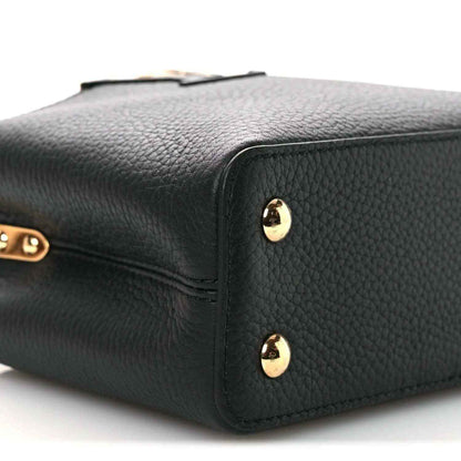Louis Vuitton black leather mini crossbody bag side with strap attachment hardware