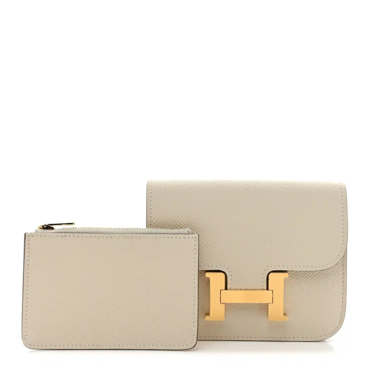 Slim wallet and card case with gold H clasp, light cream textured leather