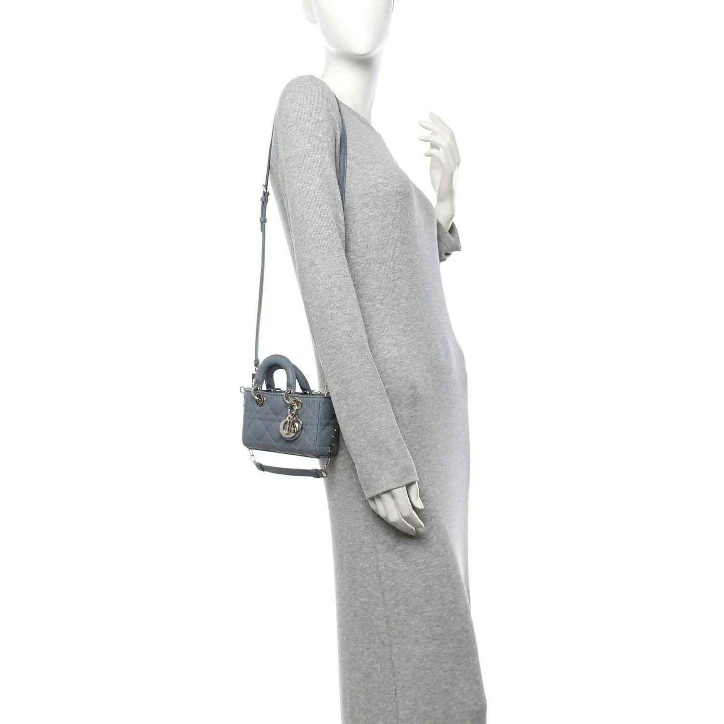 Micro Lady D-Joy lambskin bag in light blue with short handle and chain crossbody strap