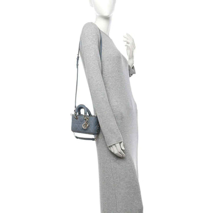 Micro Lady D-Joy lambskin bag in light blue with short handle and chain crossbody strap