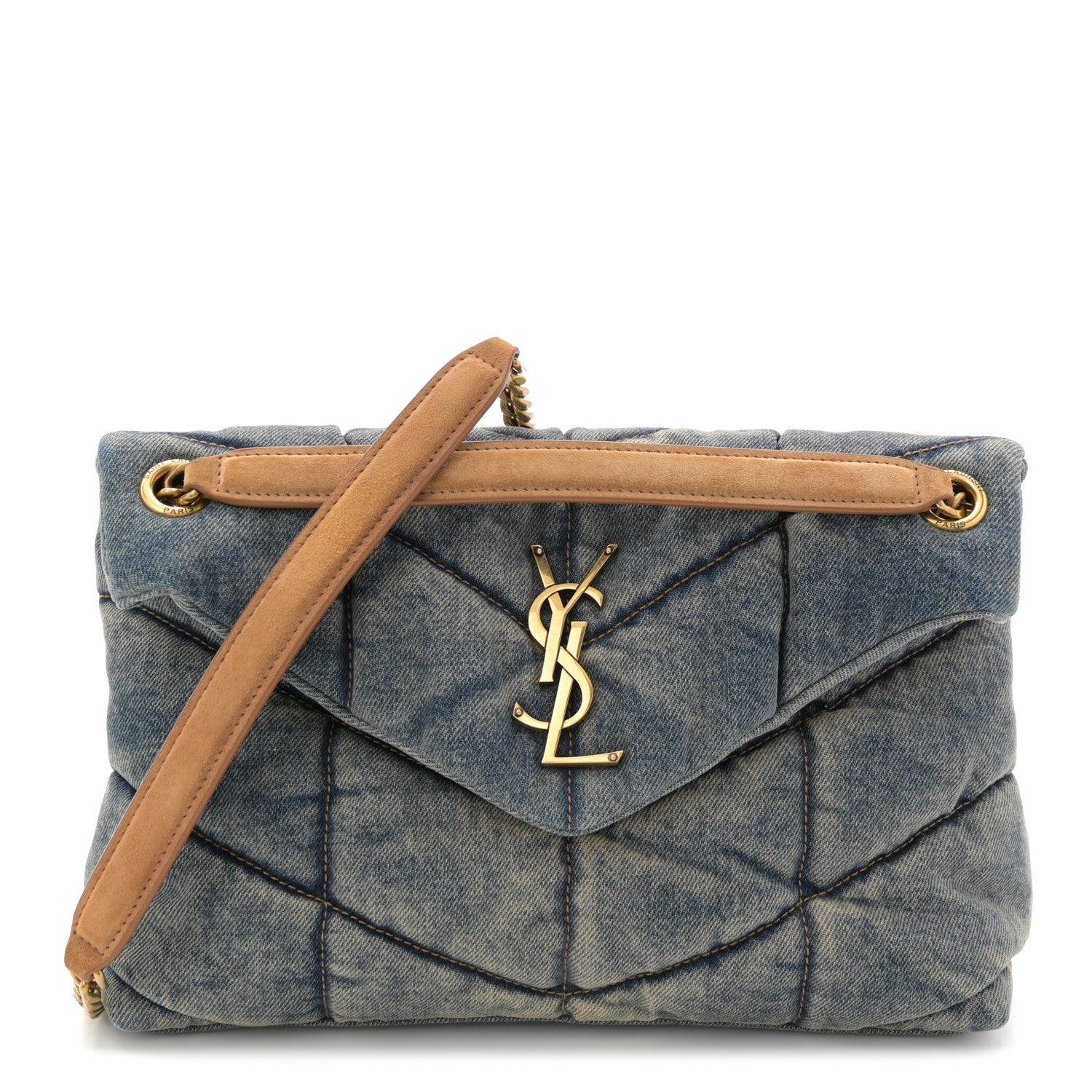 Denim quilted puffer small satchel with tan leather strap and gold YSL logo clasp