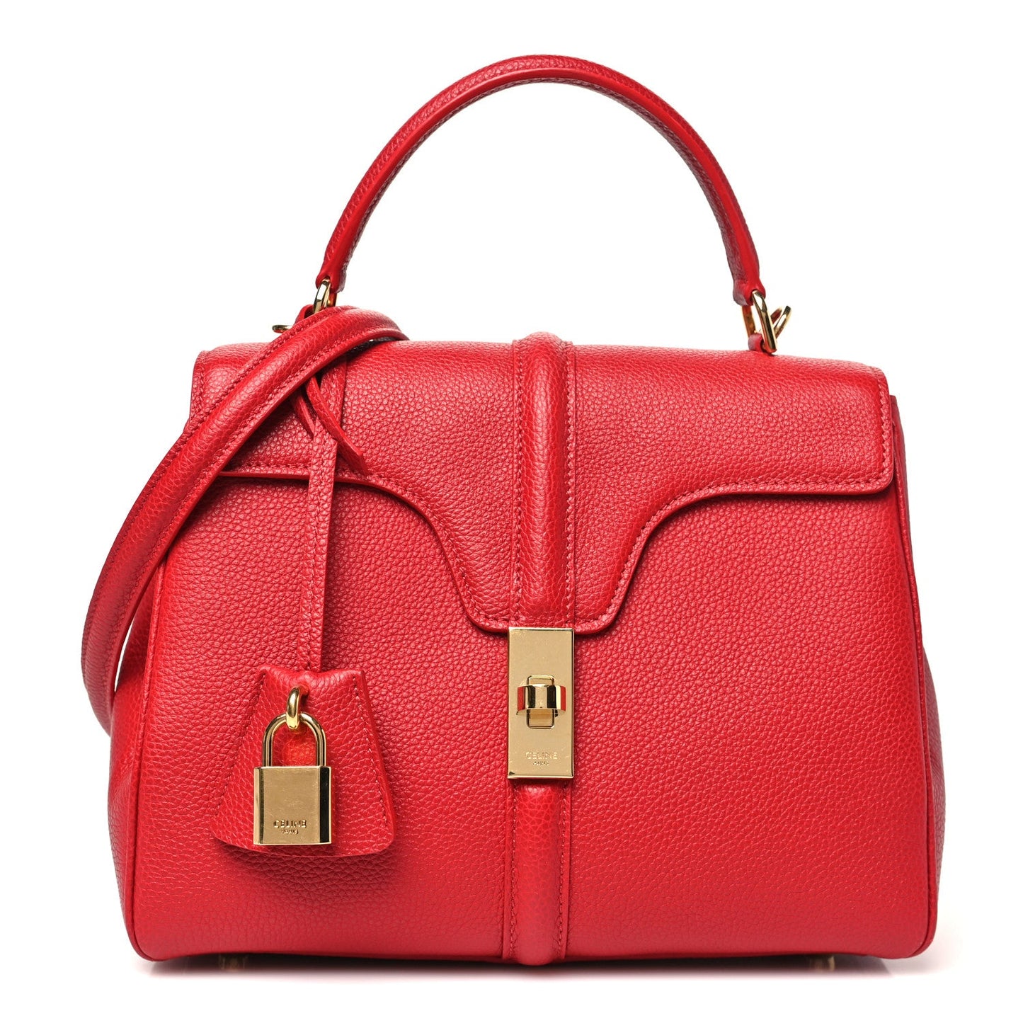 Celine small top-handle bag in red grained calfskin with front flap and lock.