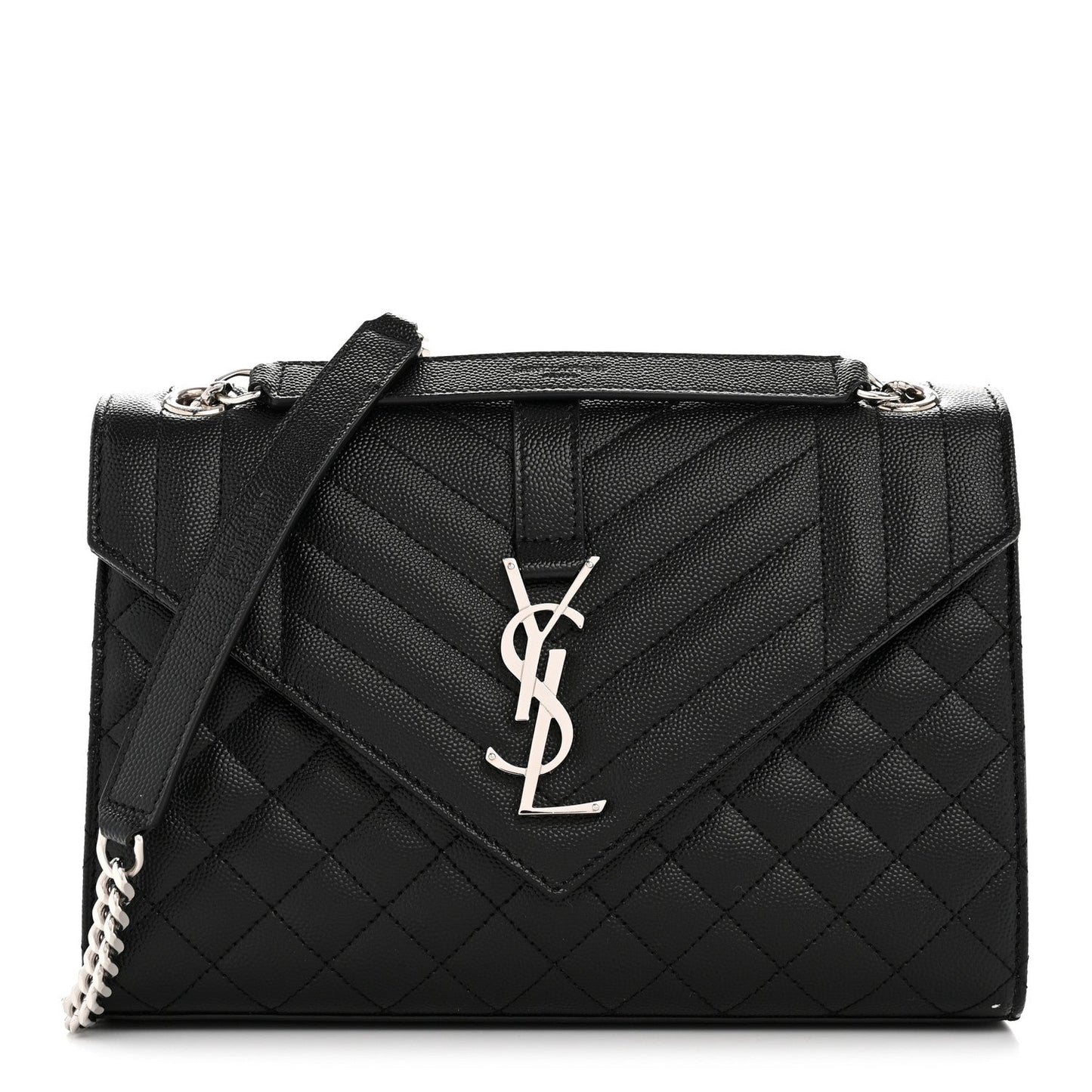 Black quilted satchel with YSL logo front and chain shoulder strap
