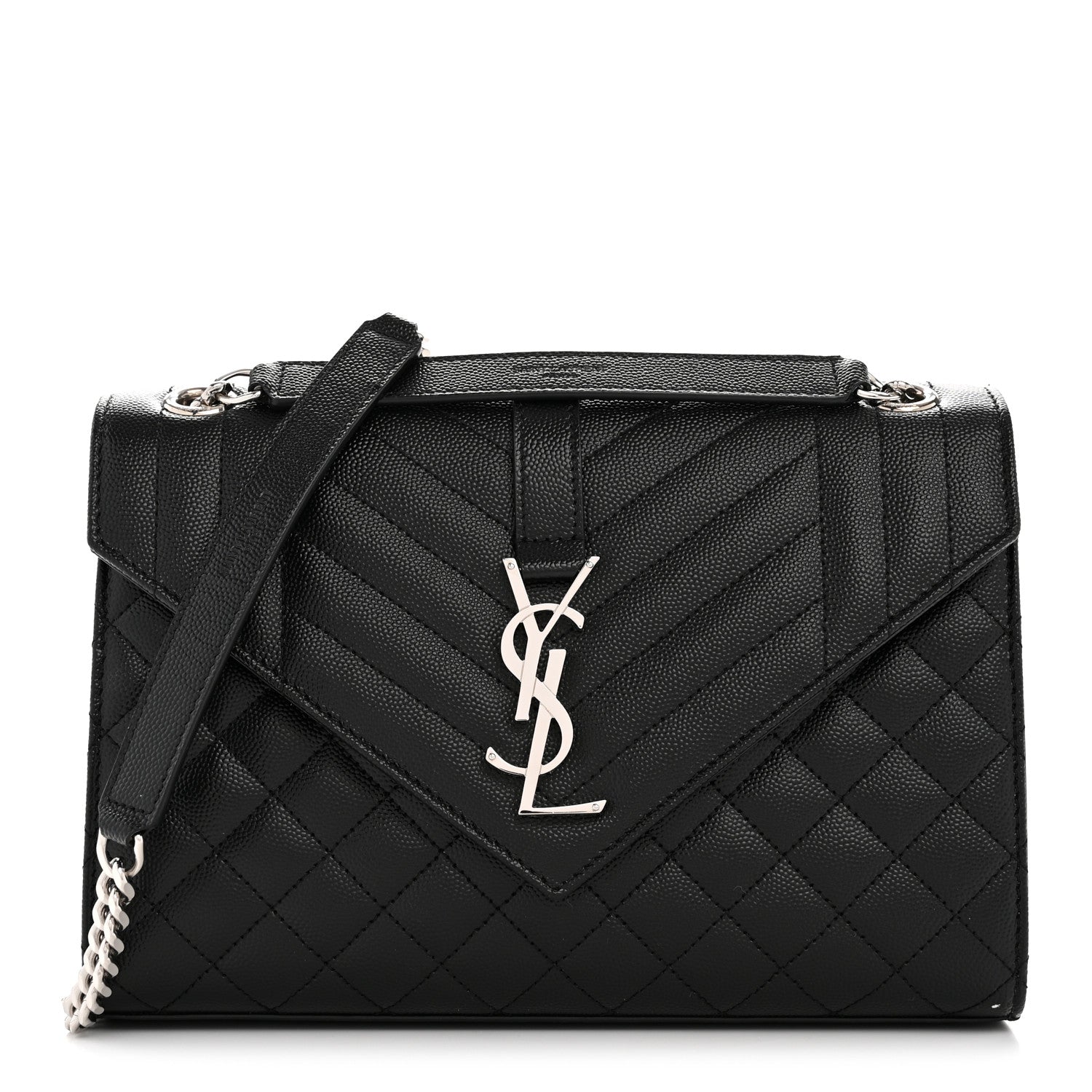 Black quilted satchel with YSL logo front and chain shoulder strap