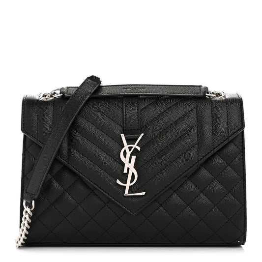 Black quilted satchel with YSL logo front and chain shoulder strap