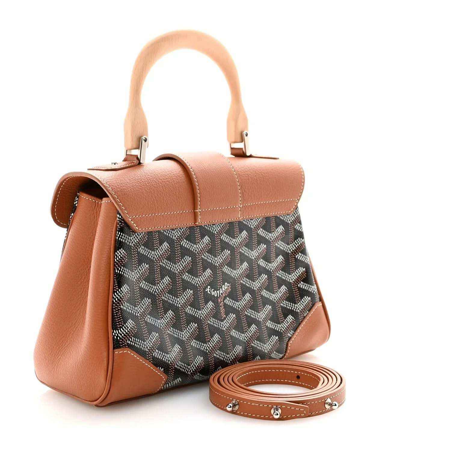 Mini Saigon shoulder bag with detachable strap, tan leather and dark jacquard pattern