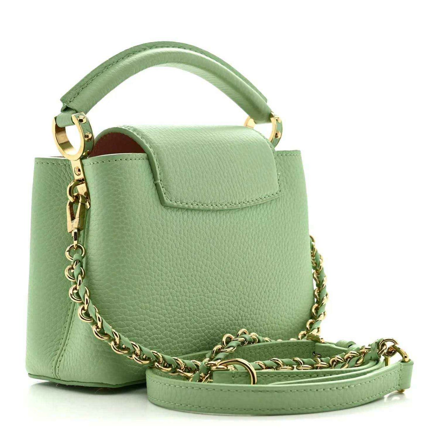 Louis Vuitton mini Capucines leather handbag, vert pomme green, front flap and chain strap