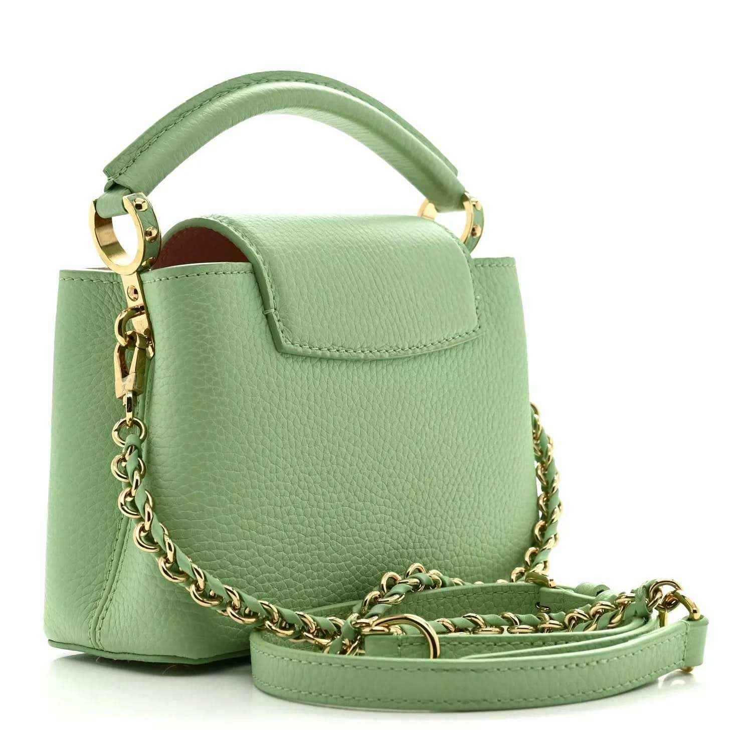 Louis Vuitton mini Capucines leather handbag, vert pomme green, front flap and chain strap