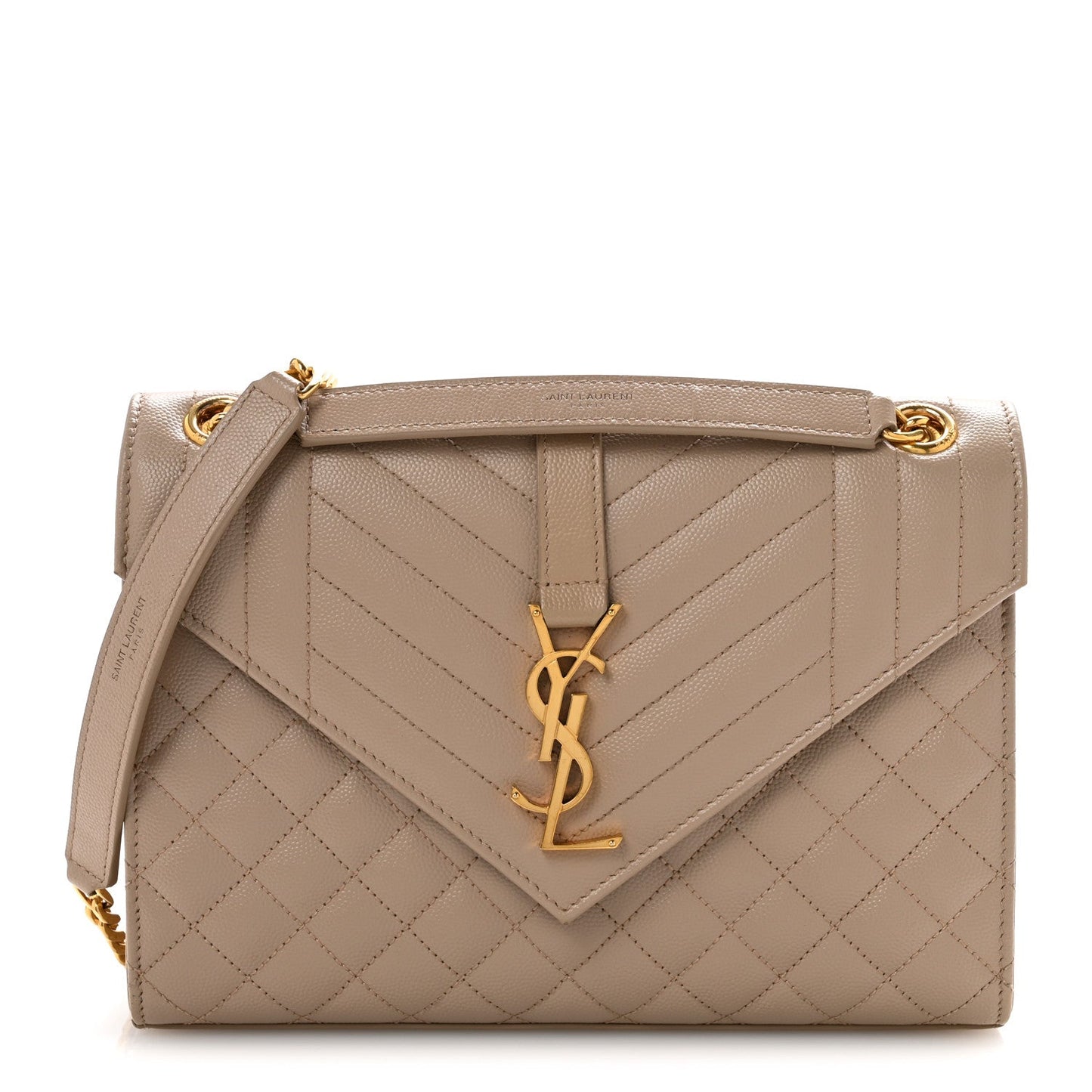 Dark beige quilted satchel with flap, YSL logo, and shoulder chain