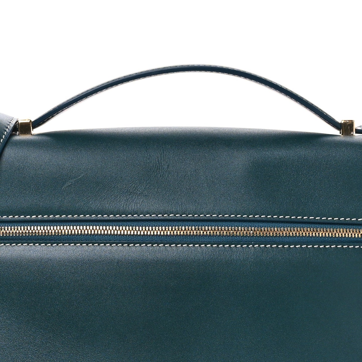 Petrolio teal leather bag top with arched handle and striped zipper trim