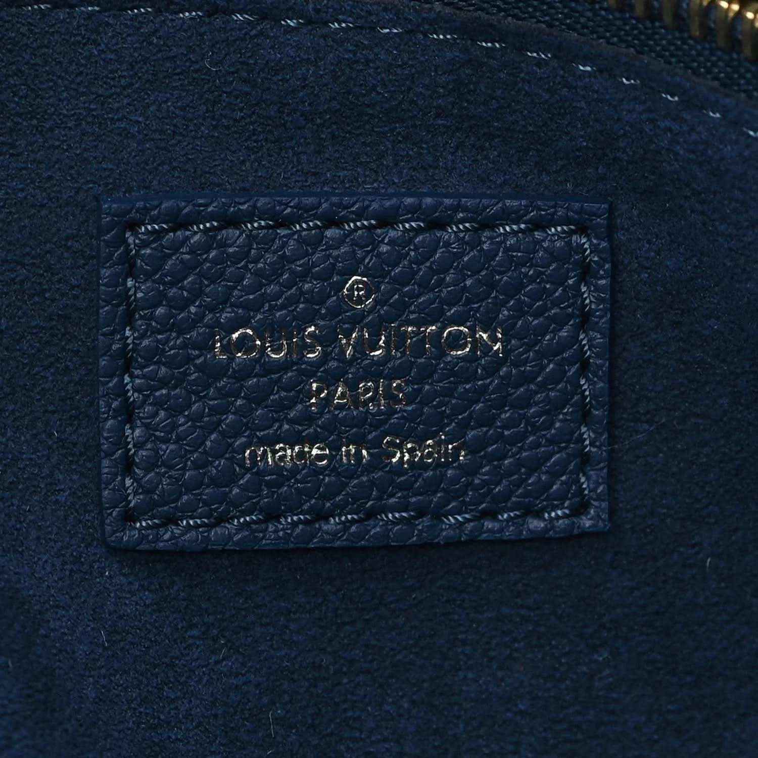 Louis Vuitton Paris made in Spain leather label on dark blue monogram tote