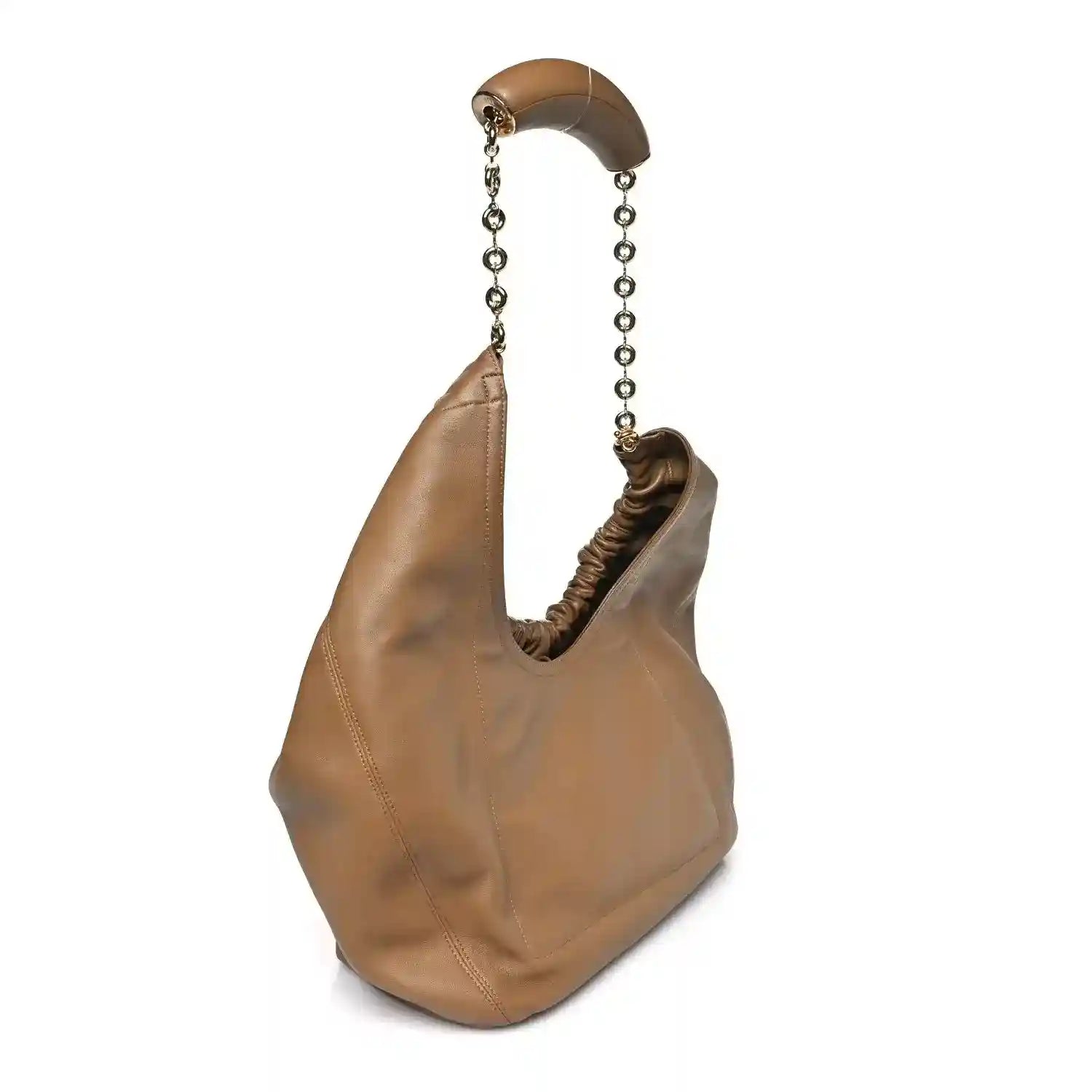Loewe Mellow leather small shoulder bag, draped side and chain handle, oak brown