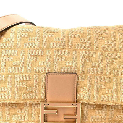 Fendi jacquard raffia fringe medium baguette bag, FF jacquard with leather flap and gold clasp