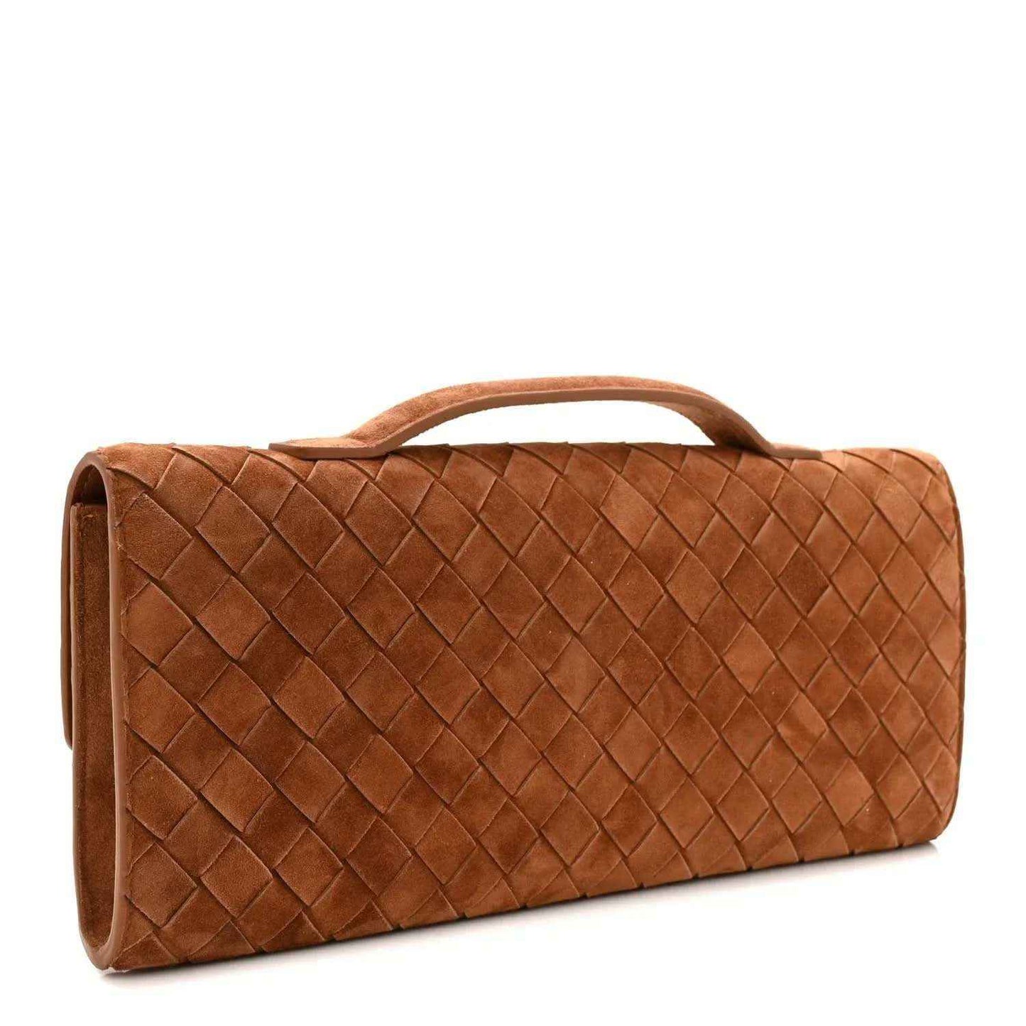 Amber suede intrecciato clutch bag with top handle and woven side panel