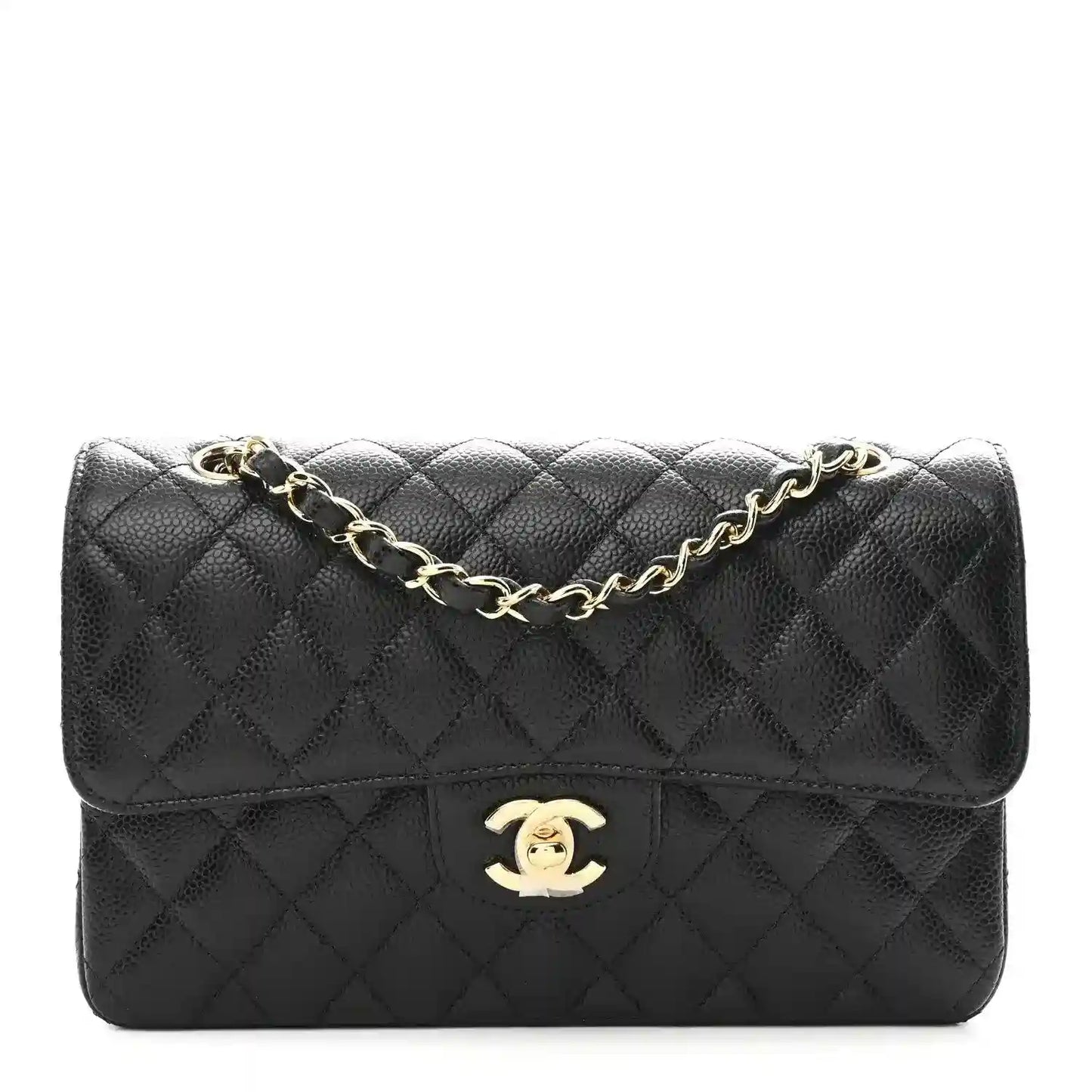 Chanel caviar quilted small double flap bag in black leather, gold CC logo and chain strap