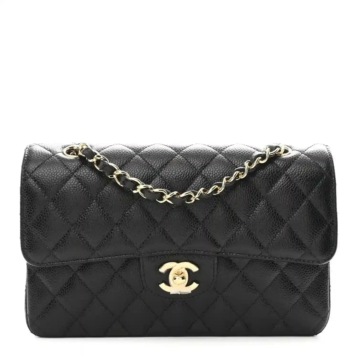 Chanel caviar quilted small double flap bag in black leather, gold CC logo and chain strap