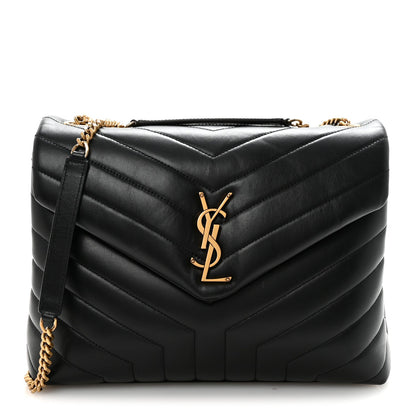 Black quilted calfskin satchel with YSL monogram clasp and gold chain strap