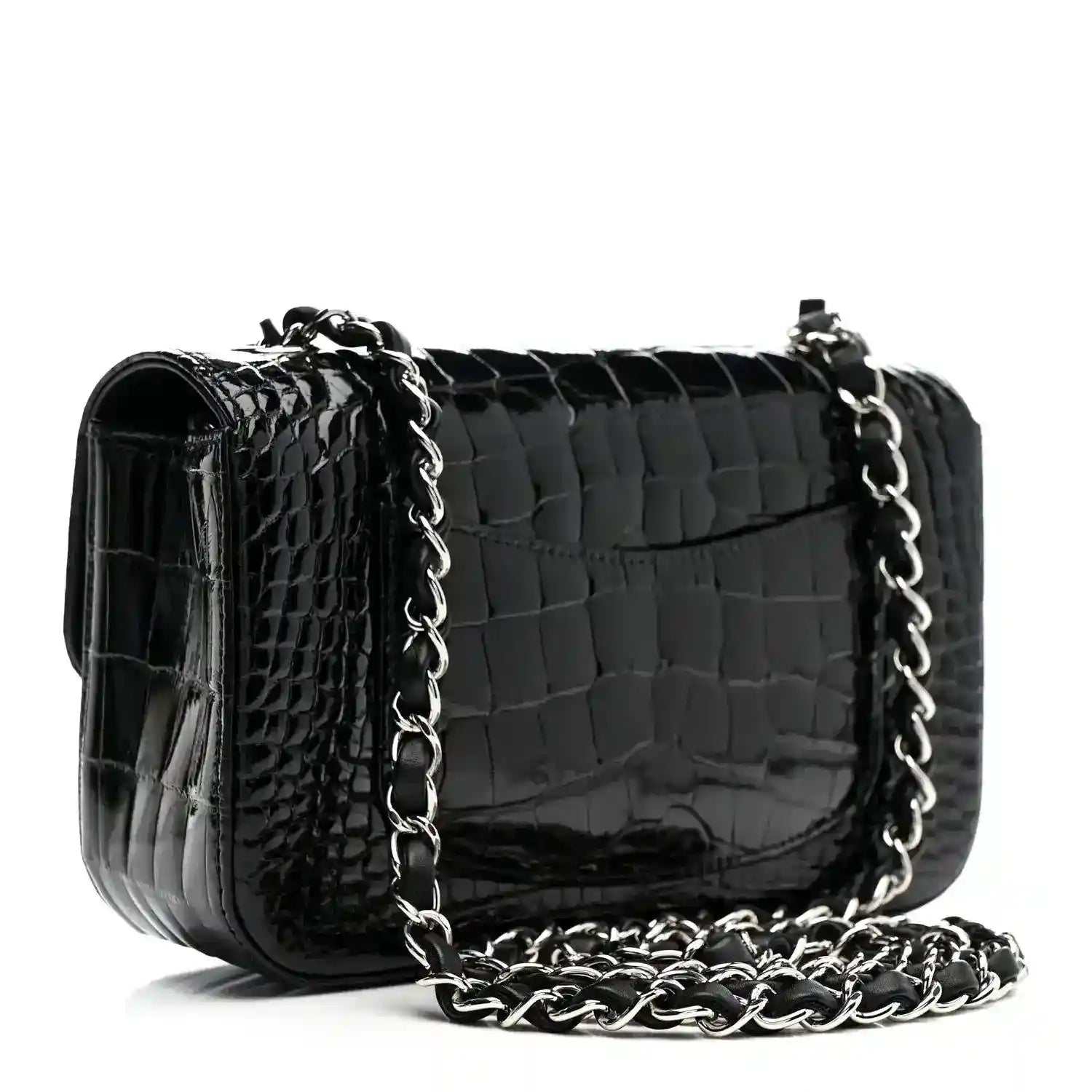 Black shiny alligator mini rectangular flap bag with silver-tone chain strap.