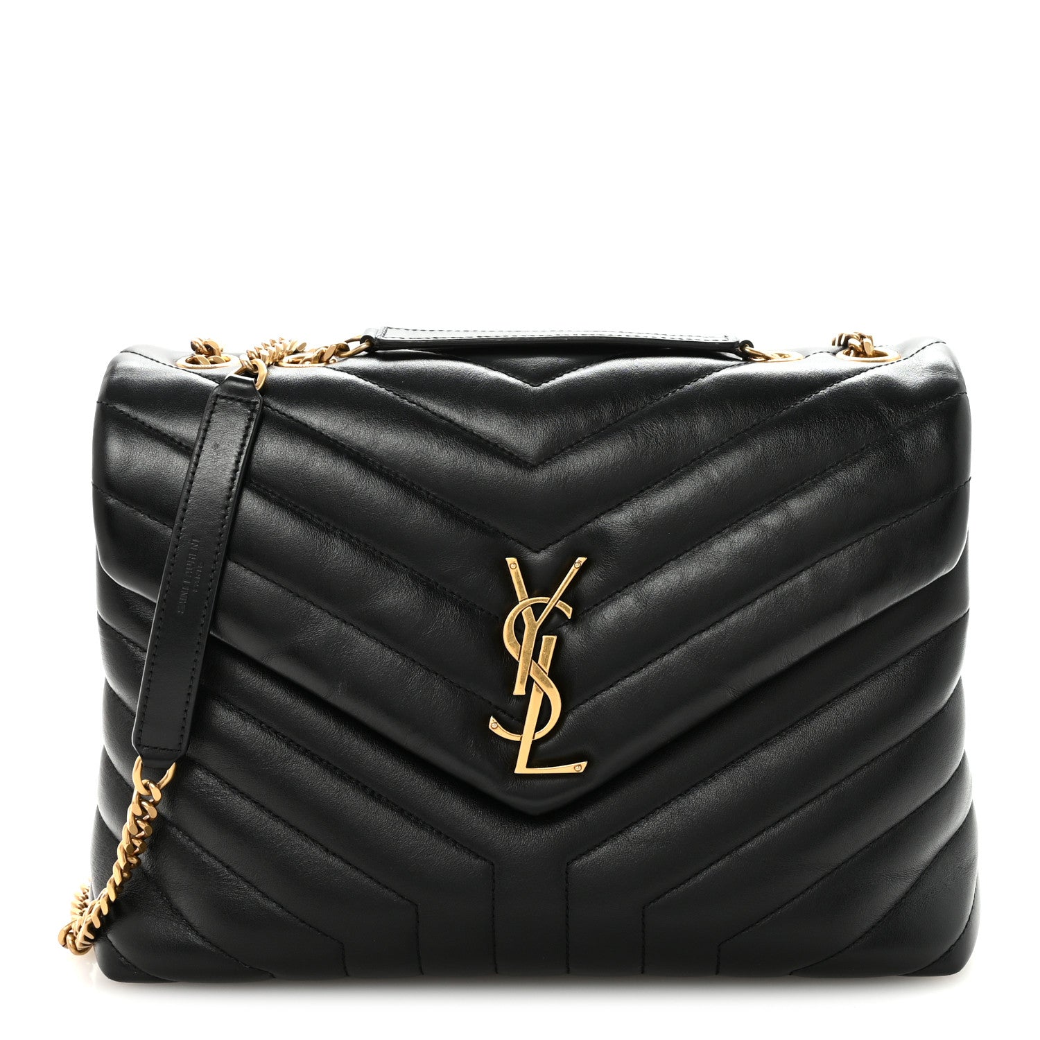 Black quilted calfskin satchel with YSL monogram and gold chain strap.